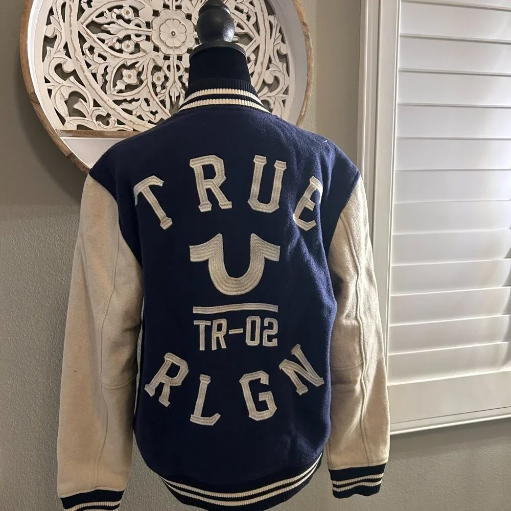 True Religion Varsity Letterman Jacket Wool Blend Snap Front Y2K Streetwear - Picture 8 of 12